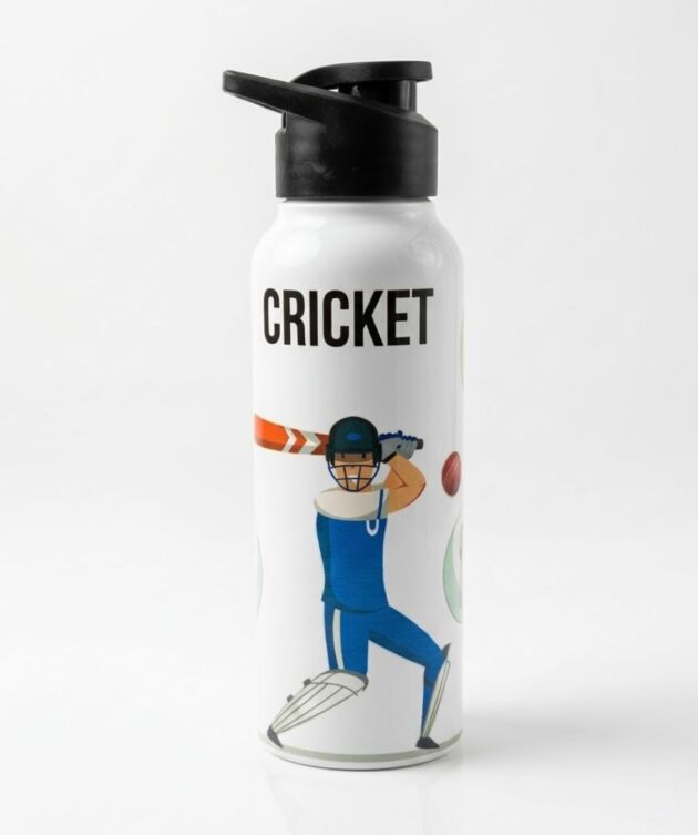 VOIK 750ml ISI Marked Stainless Steel Water Bottle | Wide Mouth Cricket Theme Printed Bottle | Leakproof Sports Bottle with 3 Cap Options | Sports, Travel & Stadium Use