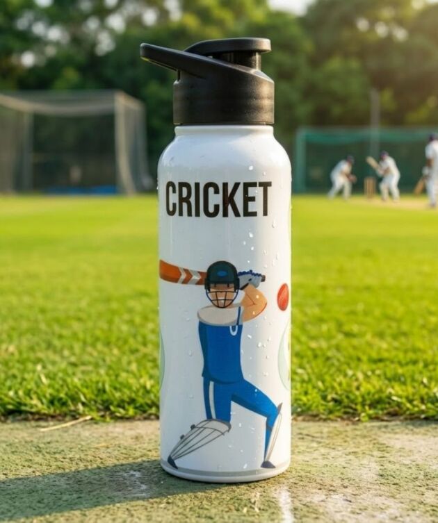 VOIK 750ml ISI Marked Stainless Steel Water Bottle | Wide Mouth Cricket Theme Printed Bottle | Leakproof Sports Bottle with 3 Cap Options | Sports, Travel & Stadium Use